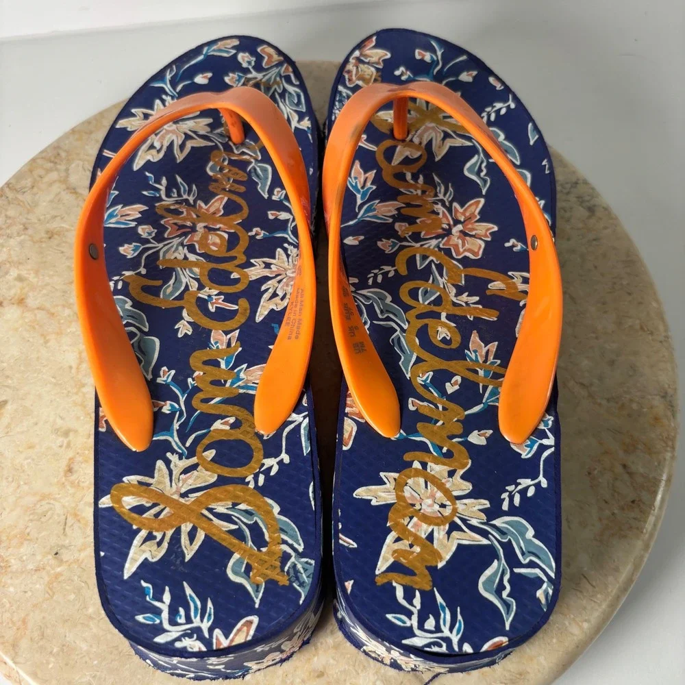 Sam Edelman Kylee Platform Flip Flops 7M Navy Orange Floral Wedge Sandals Y2K